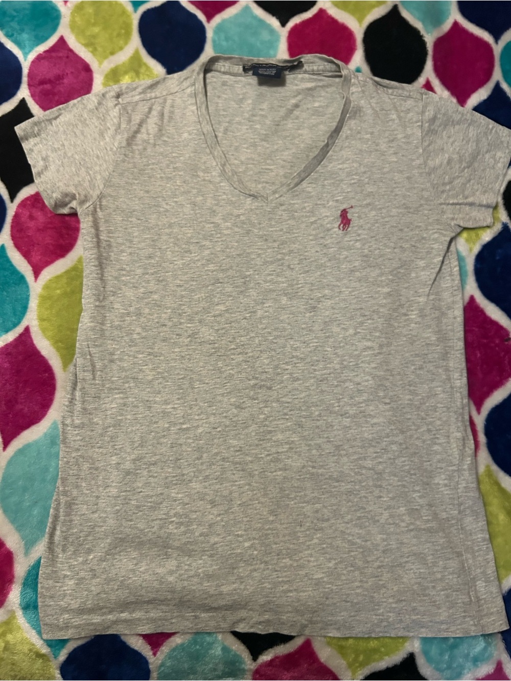 Ralph Lauren Heather Gray V-Neck Tee with Pink Pony
